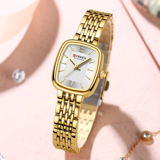 Relógio Feminino CURREN Quartz – Fashion em Aço Inoxidável com Design Retangular e Resistente à Água