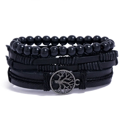 Conjunto 4 Pulseiras Masculinas de Couro Trançado – Vintage Tribal com Contas e Árvore da Vida