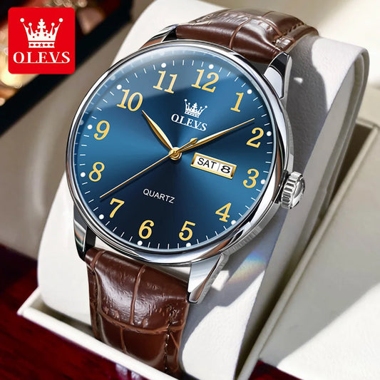Relógio Masculino OLEVS Clássico – Quartzo com Pulseira de Couro Fashion Business à Prova d’Água