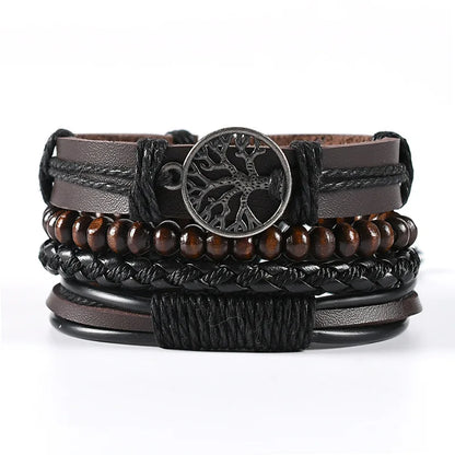 Conjunto 4 Pulseiras Masculinas de Couro Trançado – Vintage Tribal com Contas e Árvore da Vida
