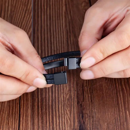 Pulseira Masculina em Couro Preto – Dupla Camada com Detalhe em Aço Inoxidável