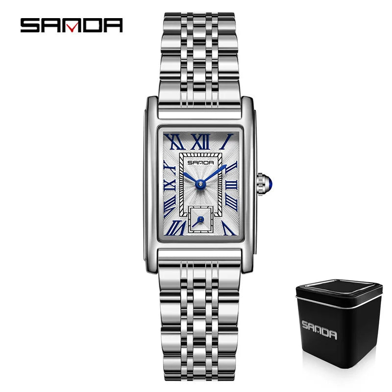 Relógio Feminino SANDA 1116 – Design Elegante com Mostrador Retangular e Pulseira de Couro (Tendência 2026)