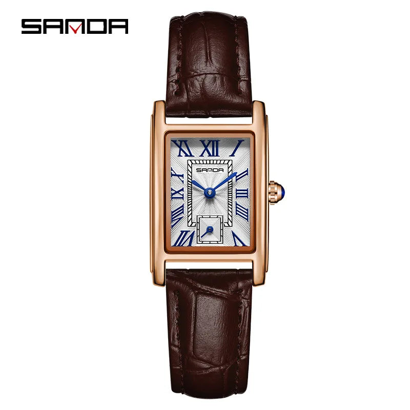 Relógio Feminino SANDA 1116 – Design Elegante com Mostrador Retangular e Pulseira de Couro (Tendência 2026)