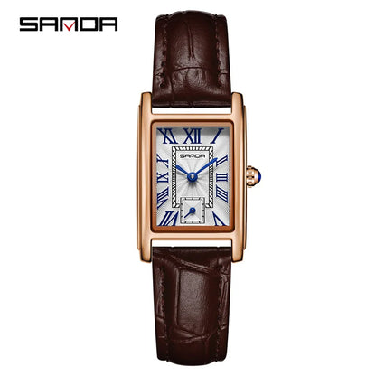 Relógio Feminino SANDA 1116 – Design Elegante com Mostrador Retangular e Pulseira de Couro (Tendência 2026)
