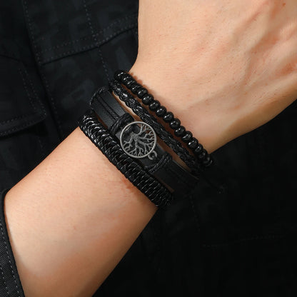 Conjunto 4 Pulseiras Masculinas de Couro Trançado – Vintage Tribal com Contas e Árvore da Vida