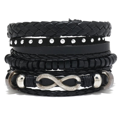Conjunto 4 Pulseiras Masculinas de Couro Trançado – Vintage Tribal com Contas e Árvore da Vida