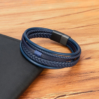 Pulseira Masculina XQNI Luxo em Couro Trançado – Multicamadas com Aço Inoxidável