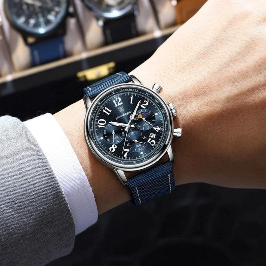 Relógio Masculino POEDAGAR de Luxo – Cronógrafo, Pulseira em Nylon e Couro, À Prova d’Água e Luminoso com Data