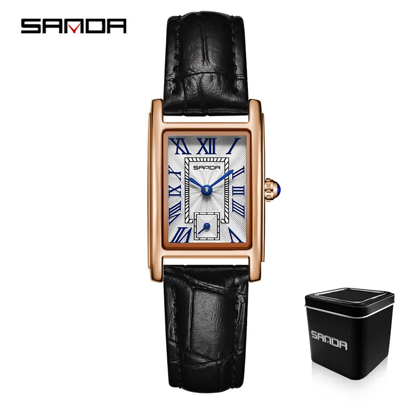 Relógio Feminino SANDA 1116 – Design Elegante com Mostrador Retangular e Pulseira de Couro (Tendência 2026)
