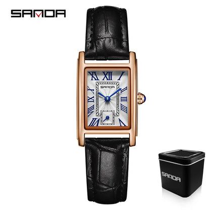 Relógio Feminino SANDA 1116 – Design Elegante com Mostrador Retangular e Pulseira de Couro (Tendência 2026)