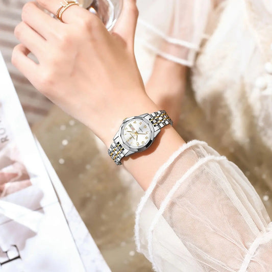 Relógio Feminino POEDAGAR Quartz – À Prova d’Água, Aço Inoxidável, Luminoso com Data e Dia da Semana