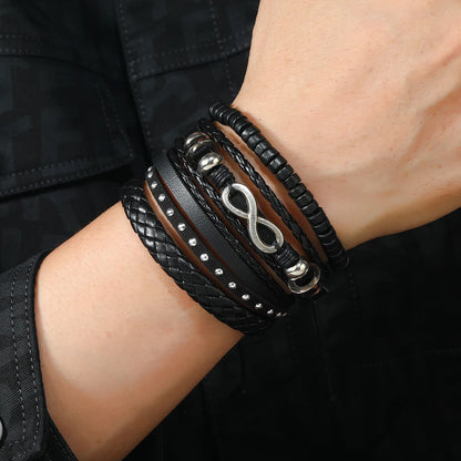 Conjunto 4 Pulseiras Masculinas de Couro Trançado – Vintage Tribal com Contas e Árvore da Vida