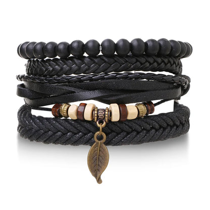 Conjunto 4 Pulseiras Masculinas de Couro Trançado – Vintage Tribal com Contas e Árvore da Vida