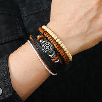 Conjunto 4 Pulseiras Masculinas de Couro Trançado – Vintage Tribal com Contas e Árvore da Vida