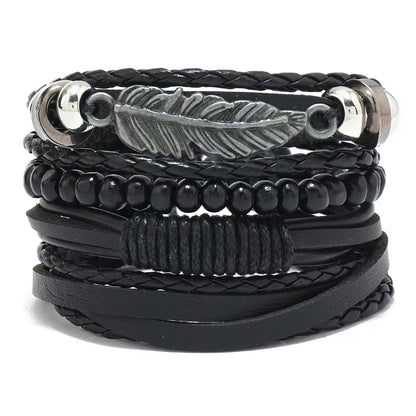 Conjunto 4 Pulseiras Masculinas de Couro Trançado – Vintage Tribal com Contas e Árvore da Vida