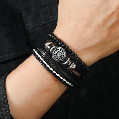 Conjunto 4 Pulseiras Masculinas de Couro Trançado – Vintage Tribal com Contas e Árvore da Vida