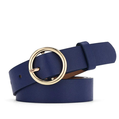 Cinto Feminino de Moda com Fivela Dourada Redonda – Couro PU Macio para Jeans e Calças, Estilo Fashion Econômico