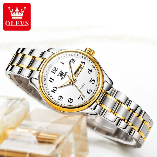 Relógio Feminino OLEVS Quartz – Luxo com Pulseira de Aço Inoxidável, Data e Ponteiros Luminosos