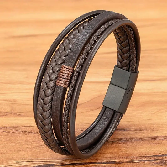 Pulseira Masculina XQNI Luxo em Couro Trançado – Multicamadas com Aço Inoxidável