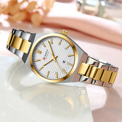 Relógio Feminino CURREN Quartz – Elegante com Pulseira de Aço Inoxidável e Mostrador “Love”