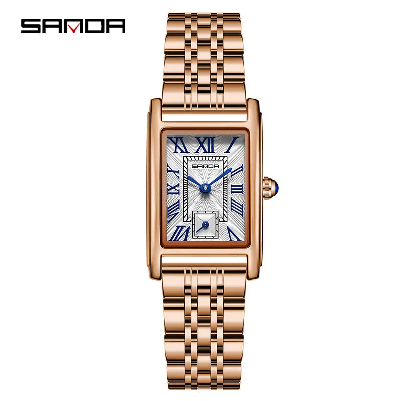 Relógio Feminino SANDA 1116 – Design Elegante com Mostrador Retangular e Pulseira de Couro (Tendência 2026)