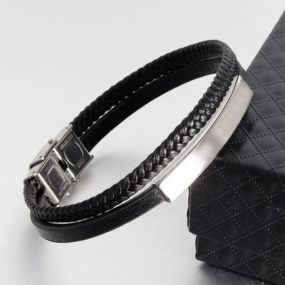 Pulseira Masculina em Couro Preto – Dupla Camada com Detalhe em Aço Inoxidável
