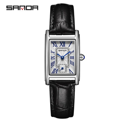 Relógio Feminino SANDA 1116 – Design Elegante com Mostrador Retangular e Pulseira de Couro (Tendência 2026)