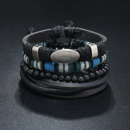 Conjunto 4 Pulseiras Masculinas de Couro Trançado – Vintage Tribal com Contas e Árvore da Vida