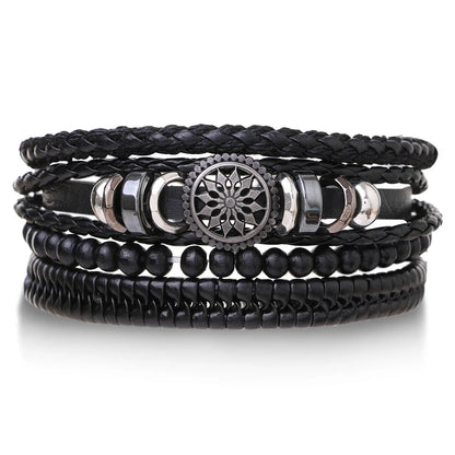 Conjunto 4 Pulseiras Masculinas de Couro Trançado – Vintage Tribal com Contas e Árvore da Vida