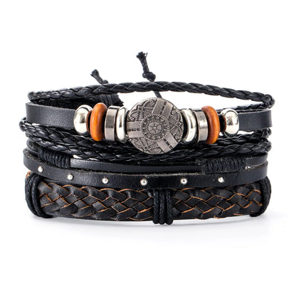Conjunto 4 Pulseiras Masculinas de Couro Trançado – Vintage Tribal com Contas e Árvore da Vida