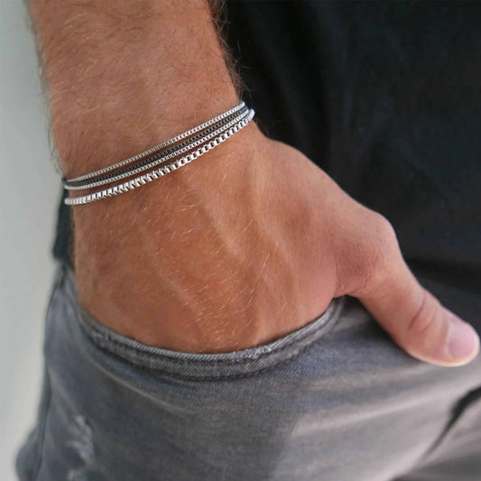 Conjunto 4 Pulseiras Masculinas de Aço Inoxidável – Corrente Box Ajustável Prata Vintage