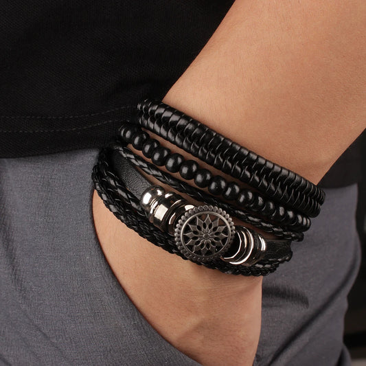 Conjunto 4 Pulseiras Masculinas de Couro Trançado – Vintage Tribal com Contas e Árvore da Vida