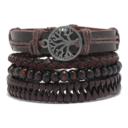 Conjunto 4 Pulseiras Masculinas de Couro Trançado – Vintage Tribal com Contas e Árvore da Vida