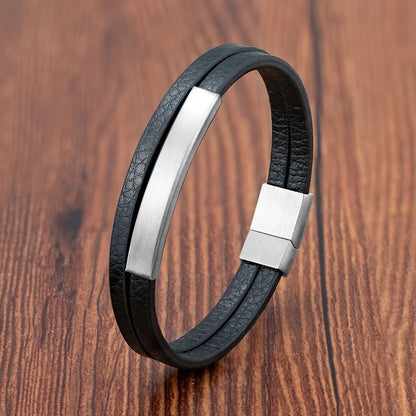 Pulseira Masculina em Couro Preto – Dupla Camada com Detalhe em Aço Inoxidável