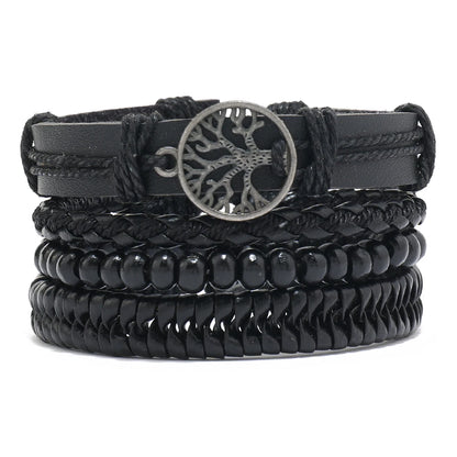 Conjunto 4 Pulseiras Masculinas de Couro Trançado – Vintage Tribal com Contas e Árvore da Vida