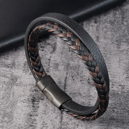 Pulseira Masculina em Couro Preto – Dupla Camada com Detalhe em Aço Inoxidável
