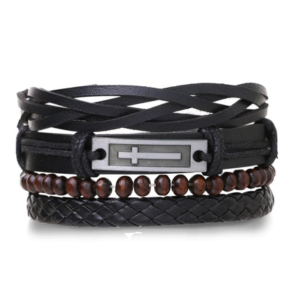Conjunto 4 Pulseiras Masculinas de Couro Trançado – Vintage Tribal com Contas e Árvore da Vida
