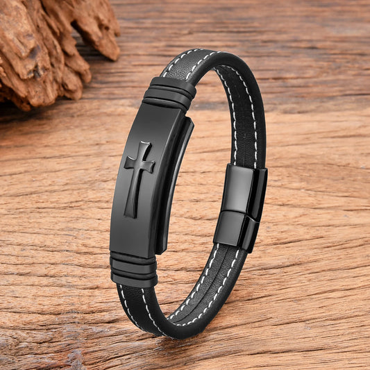 Pulseira Masculina Cruz em Aço Inoxidável e Couro – Banhada a Ouro Preto Punk