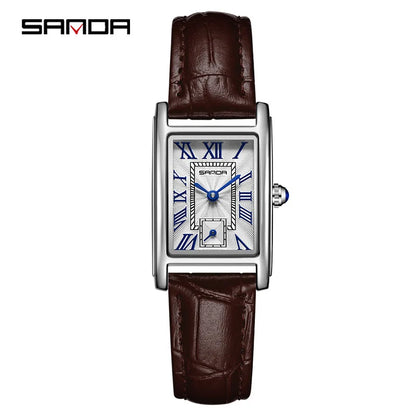 Relógio Feminino SANDA 1116 – Design Elegante com Mostrador Retangular e Pulseira de Couro (Tendência 2026)