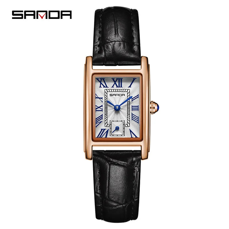 Relógio Feminino SANDA 1116 – Design Elegante com Mostrador Retangular e Pulseira de Couro (Tendência 2026)