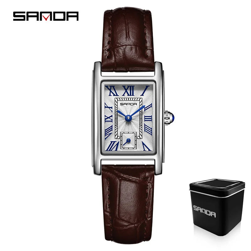 Relógio Feminino SANDA 1116 – Design Elegante com Mostrador Retangular e Pulseira de Couro (Tendência 2026)