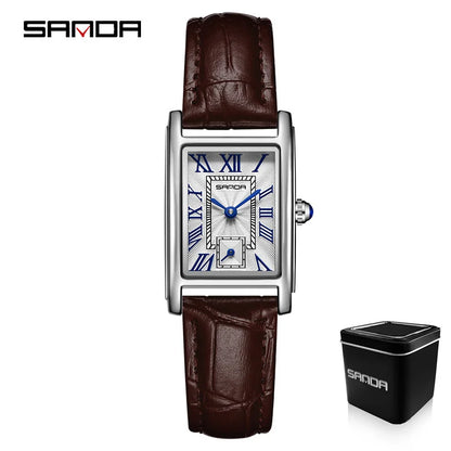 Relógio Feminino SANDA 1116 – Design Elegante com Mostrador Retangular e Pulseira de Couro (Tendência 2026)