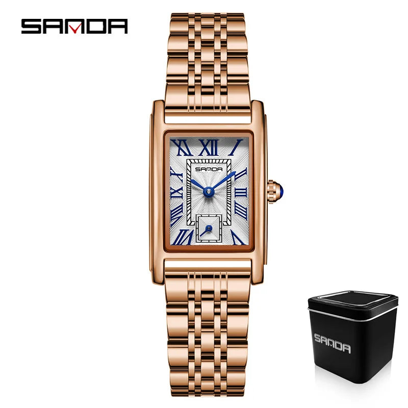 Relógio Feminino SANDA 1116 – Design Elegante com Mostrador Retangular e Pulseira de Couro (Tendência 2026)