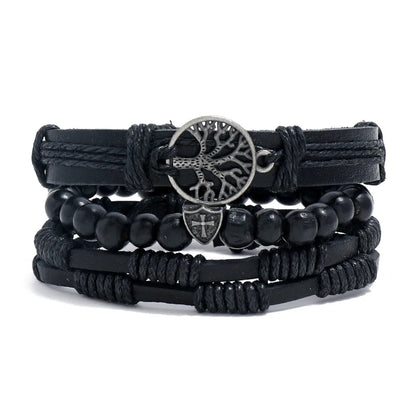 Conjunto 4 Pulseiras Masculinas de Couro Trançado – Vintage Tribal com Contas e Árvore da Vida
