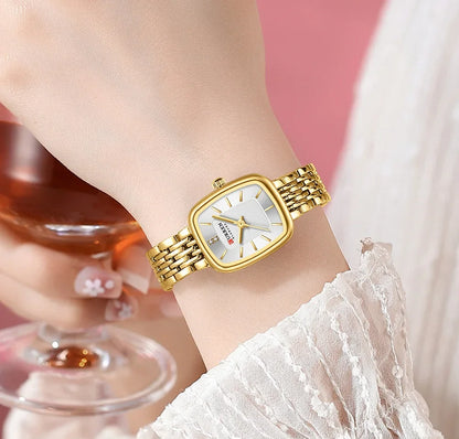 Relógio Feminino CURREN Quartz – Fashion em Aço Inoxidável com Design Retangular e Resistente à Água