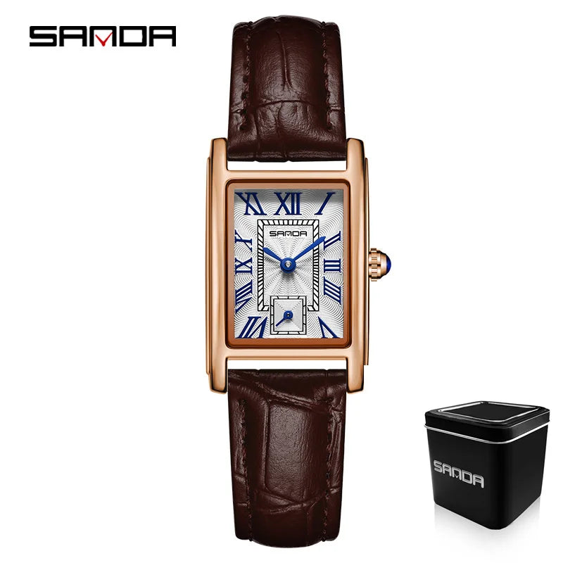Relógio Feminino SANDA 1116 – Design Elegante com Mostrador Retangular e Pulseira de Couro (Tendência 2026)