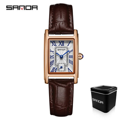 Relógio Feminino SANDA 1116 – Design Elegante com Mostrador Retangular e Pulseira de Couro (Tendência 2026)